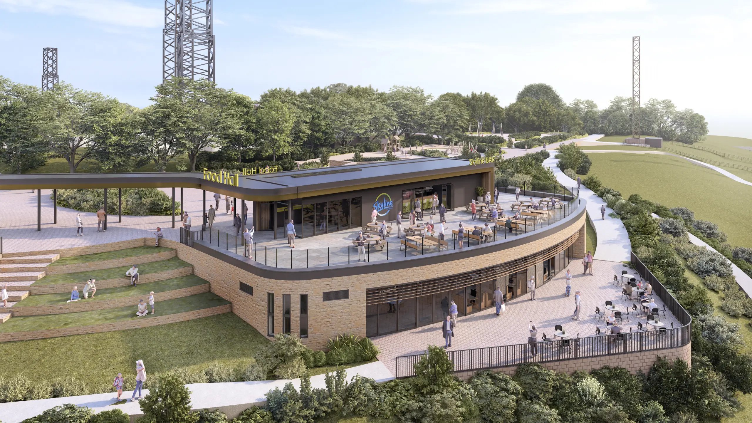 A drone photo of the restaurant and bar at Skyline Swansea.