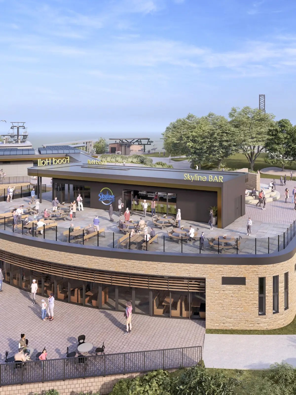 A drone photo of the restaurant and bar area at Skyline Swansea.