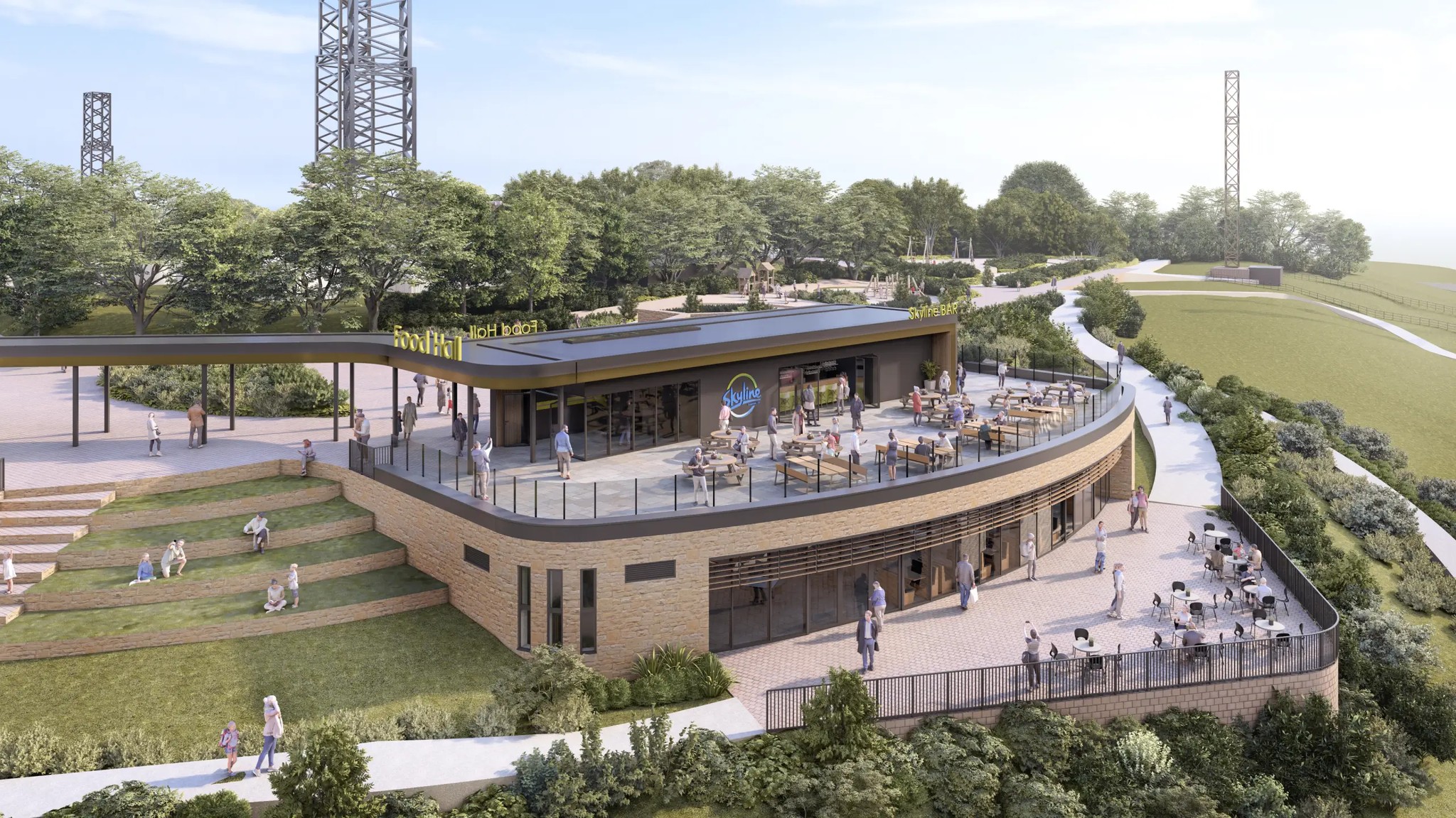 A drone photo of the restaurant and bar at Skyline Swansea.